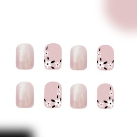 Glitter Press on Nails Short Square Fake Nails with Flower Designs Spring Nude Full Cover False Nails Press ons Acrylic Glue on Nails Glossy Cute Stick on Nails for Women Girls 24 Pcs