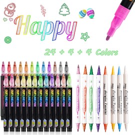 Permulaan 24 Color Double Line Outline Pens With 8 Colors Double Head Marker Pens for Christmas Card Writing, Birthday Wishes, Gifts, DIY Arts And Crafts, Girls Stockings Filling