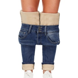 Qazel Vorrlon Women's Fleece Lined Jeans for Women Winter Warm Flannel Lined Jeans Womens High Waisted Skinny Stretch Denim Leggings Pants Dark Blue, Size 18