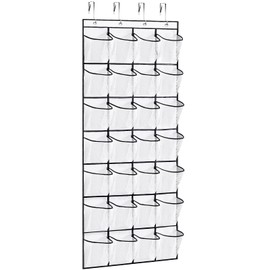 VOPTON 28Large Pockets Over The Door Shoe Organizer, Hanging Shoe Organizer for Closet, Premium Clear Shoe Rack for Door, Shoes Hanger Organizers Storage Holder for Back of Door and 4Metal Hook White