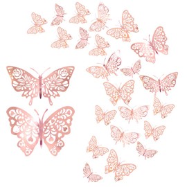 Pack of 24 Butterfly Wall Stickers, CattleyaHQ Mixed 3D Butterflies Wall Stickers, Vivid Flash Wall Stickers for Home, Bedroom, Baby Room Decoration (Rose Gold)