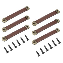 PATIKIL 5.6" Leather Drawer Pulls with Iron Sheet, 6 Pcs Leather Strap Trunk Handle Cabinet Knobs Hardware Replacement with 18mm Screws for Dresser Door Suitcase Luggage, Light Brown