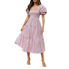 ZESICA Women's 2025 Bohemian Summer Plaid Square Neck Puff Sleeve Ruffle Flowy Beach Midi Dress,Taro,Medium