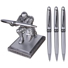 ZUOLUN Knight Pen Holder, Executive Knight Pen Holder with 3 Cool Pen, Pen Stand Desk Organizers, Desk Pen Holder, Creative Pen Stand Decorative Gift for Office and Home Desk Organizer (Silver)