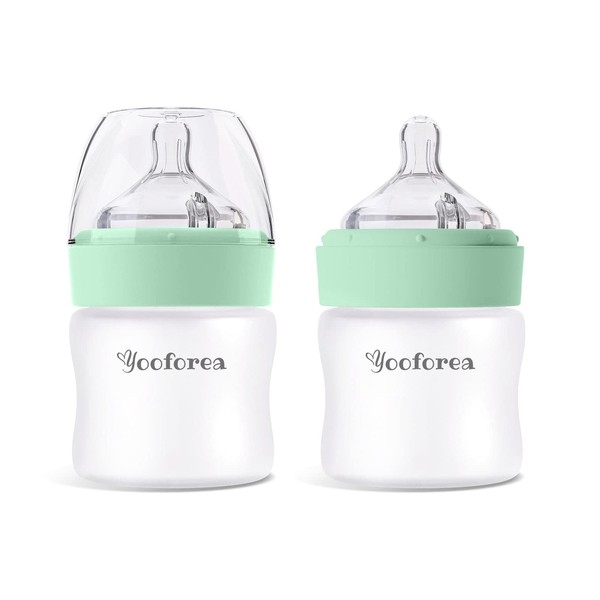 Yooforea Silicone Coated Glass Baby Bottle, 0M+ Slow Flow Nipple I Anti-Colic, Wide Neck, Stable Base I Medical-Grade Silicone Coating for Shatter Protection, BPA BPS PVC Free (2 Pack, 3 Ounce-Tea)