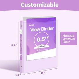 SUNEE 3 Ring Binder 1/2 Inch 1 Pack, Clear View Binder Three Ring PVC-Free (Fit 8.5x11 Inches) for School or Office Supplies, Purple