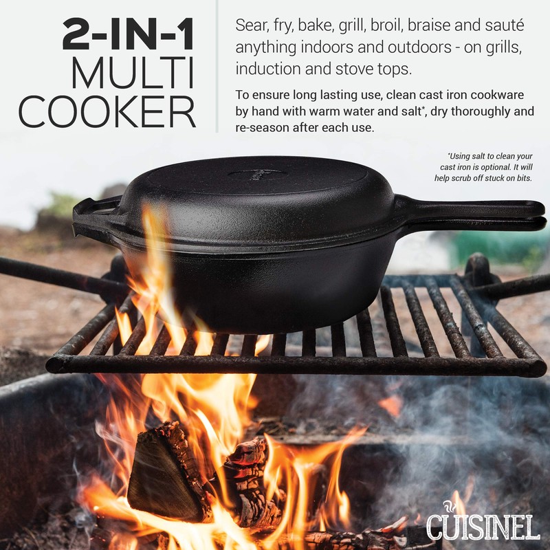 Cast Iron Skillet + Lid - 2-In-1 Multi Cooker -