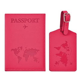 Greyoe Passport Holder, Passport Organiser, Passport Cover, PU Leather Passport Cover + Suitcase Tag, for Men and Women, Holiday Accessories, Travel Essentials (Purple), pink-red, Fashion