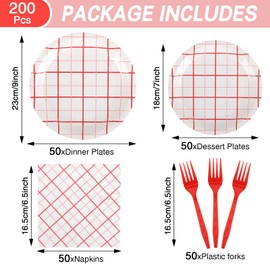 BORAENDEY 200PCS Red and White Plaid Party Supplies Serve 50, Gingham Checkered Paper Plates, Napkins, Forks Kit for Birthday, Family Picnic, Baby Shower Party Decorations