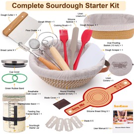 SavEase Sourdough Bread Baking Supplies, Complete Sourdough Starter Kit, 9" Round & 10" Oval Bread Proofing Basket with Sour dough Starter Jar, Bread Making Tools Gifts for Bakers Women Wife Mom