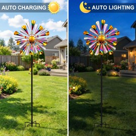 Solar Wind Spinner Outdoor - Metal Kinetic Garden Sculptures with Color Changing LED Crackle Glass Ball, Waterproof Wind Mill Stake for Yard, Patio, Lawn, and Pathway Decoration (Multi-Color)