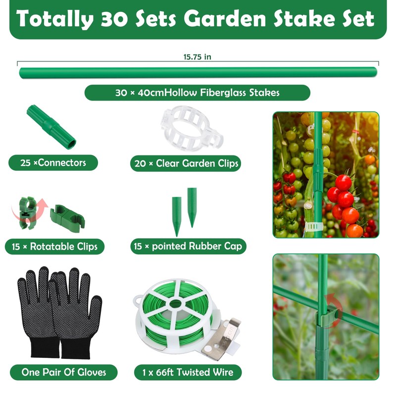 Cludoo 94PCS Garden Stakes Set with 30 Sets Fiberglass Plant