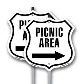 Picnic Area Right (2 Pack) 12 inch X 12 inch Shield Shaped Rust-Free Aluminum Metal Signs with Aluminum Mounting Stakes Weather Resistant Made in the USA