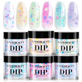 AZUREBEAUTY Dip Powder Nail Set, 6 Colors Pink Purple Green Glitter Cheese Colors Natural Dipping Powder Starter Spring Kit, French Nail Art Manicure DIY Salon, No Need Nail Lamp Cured