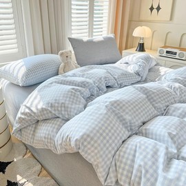 Michorinee Single Duvet Cover Set Blue White Plaid Pattern Country Style Bedding Set with Zipper Closure Soft & Breathable 110g/㎡ Washed Microfibre Quilt Cover with 1 Pillowcase 50x75 cm