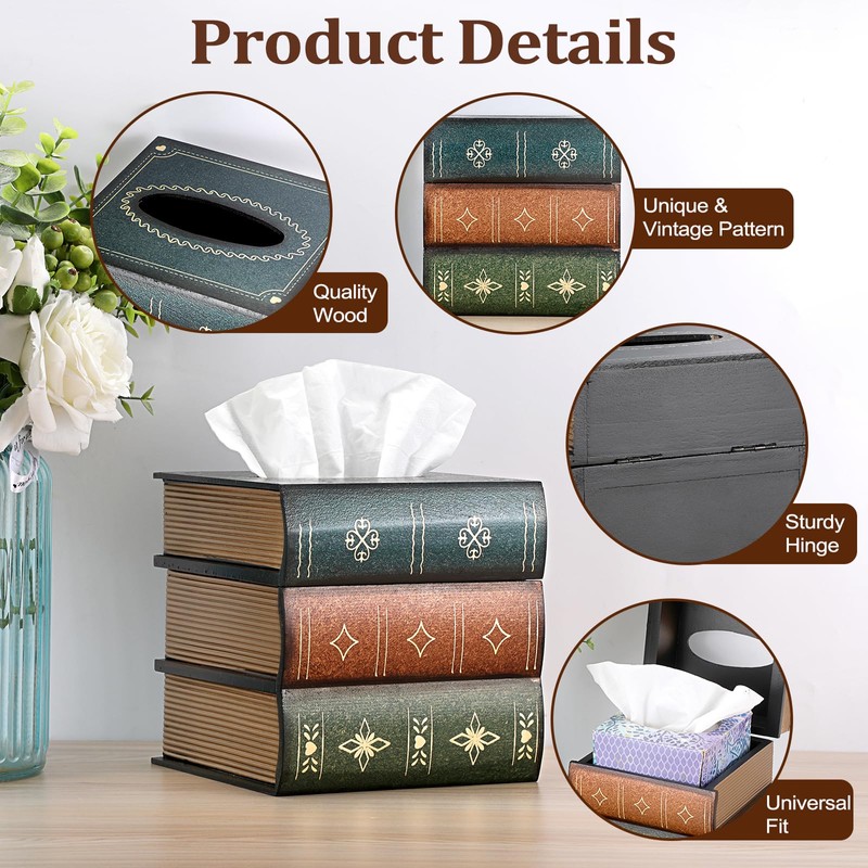 Hoowen Antique Wooden Book Tissue Holder, Decorative Square Tissue Cover