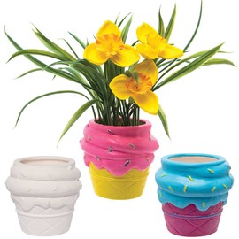 Baker Ross FC790 Ice Cream Ceramic Flower Pot for Painting - Pack of 3, Ceramic Craft Set for Children for Decorating and Crafts