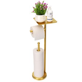 Noonext Gold Toilet Paper Holder Stand, Freestanding Toilet Paper Stand with Tray for Small Items, Toilet Paper Holder with Shelf, Storage Space for 4 Extra Toilet Paper Rolls (Gold)