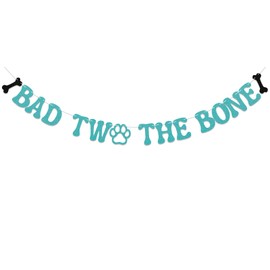 Bad Two the Bone Banner - Dog 2nd Birthday Decor, Two Year Old Puppy Themed Birthday Party Decorations Blue Glitter