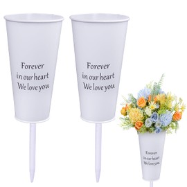 Metal Cemetery Vases, 2 Pcs Metal Grave Memorial Grave Vases with Stakes Graveside Flower Holder Grave Flower Vase for Grave Outdoor Lawn Yard Funeral Decorations (White)