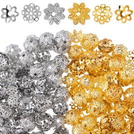 HINZIC 600pcs 8mm 10mm Hollow Flower Bead Caps 6 Styles Muiti-Petal Mini Filigree Bead for Jewelry Making Gold Silver Spacer Beads Christmas Decorative for Earring Necklace Bracelet