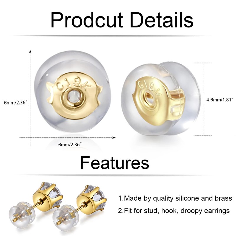 Earring Backs for Droopy Ears, 18K Gold Silicone Earring Backs