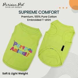 Parisian Pet Dog Tshirt - Embroidered “ Party Animal“ Dog Shirt - 100% Cotton and Lightweight Dog Clothes - Sleeveless Dog Tee Shirts - Machine Washable Dog Shirts for Medium Dogs - Pet Vest - M