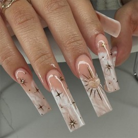SINHOT Square Press on Nails Long - 3D Cute Heart Fake Nails Glossy Glue on Nails Marble Ombre Nails Gold Star Squoval Artificial Nails Stick on False Nails with Design 24pcs