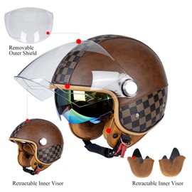 QUICKOOL Dual Visor 3/4 Open Face Motorcycle Helmet for Men & Women, DOT Approved Unisex Retro Half Helmet，Motorbike Casco for Moped Cruiser Bobber and Chopper (Long Outer Shield-Brown,L)