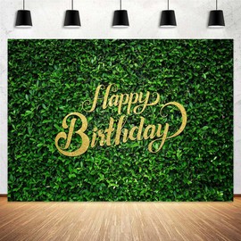 10x8ft Green Leaves Happy Birthday Backdrop Jungle Safari Birthday Party Decoration Banner Natural Green Grass Wall Birthday Party Woman Girl Birthday Party Photoshoot Photobooth Photography Backdrop