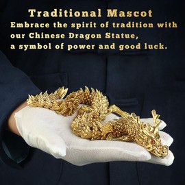 LIYAOLI 3D Golden Dragon Articulated Dragon 2024 Chinese Dragon Statue Metal Gold Dragon 9 Inch Luck Dragon for Home Office Desk Decoration