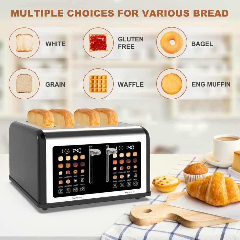 4 Slice Toaster Touch Screen, Stainless Steel Toasters Digital Timer,