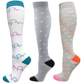 Dress Cici Women Colored Compression Socks Heartbeat, Heart Shape, And Dot Pattern, Knee High Compression Socks for Ladies Small Size (3 Pairs: White+Grey1+Grey2), Asia Size S
