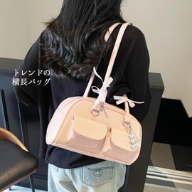 Lapimou Horizontal Bag, Boston Bag, Handbag, Shoulder Bag, Women's, Horizontal Ribbon, Bowknot, Silver, a4, Large, Wide, Large Capacity, Popular, Trend, Stylish, Cute, Black