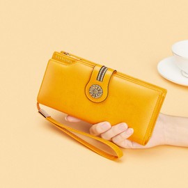 VANNANBA Womens Genuine Leather Large Travel RFID-Blocking Zip Phone Clutch Wallet/Wristlet(yellow)