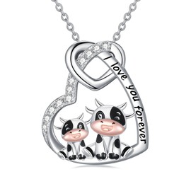 Cargari Cow Necklace for Women 925 Sterling Silver Animal Heart Pendant Necklace Cute Animal Jewelry Mother's Day