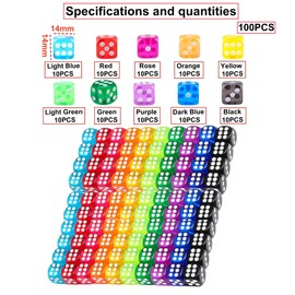 HAXIHA 100 Piece Dice, Translucent Colours Dice Set, 14 mm Six-Sided Dice, Colourful Game Dice for Dice Games, Table Games, Board Games, Multicoloured
