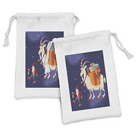 Ambesonne Scandinavian Fabric Pouch Set of 2, Christmas with Present Carrying Goat Traditional Character, Small Drawstring Bag for Toiletries Masks and Favors, 9" x 6", Multicolor