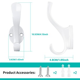 Ruiziiz Heavy Duty Wall Hooks, Black, Metal Mounting Hardware, 6-Pack, Double Prong Design, Decorative Coat Hangers with Screws, Anchors (6, White)