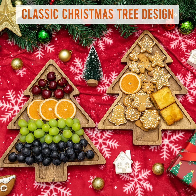Christmas Tree 2-Tier Wood Serving Tray – Acacia Wooden Tiered