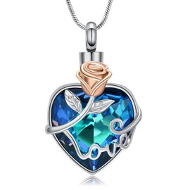 VCCWYQK Heart Cremation Jewellery for Ashes Flower Urn Necklace with Crystal w/ Funnel Filler Memorial Keepsake Jewellery for Women Girls, Stainless Steel, No Gemstone