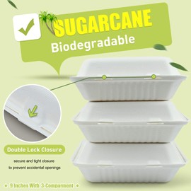 Green Earth 9-inch, 200-Count, 3-Compartment, Compostable Clamshell, Natural Bagasse (Sugarcane Fiber), Take-Out/to-Go Food Boxes - Biodegradable Containers, Hinged Lid - Microwave-Safe - Gluten-Free