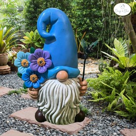 Daisy & Olive Garden Gnome | Large Solar Powered Garden Gnome Statue | Flower & Bee Lights Up | Auto On-Off | Garden Gnome for Yard | Unique Housewarming Gifts