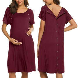 Ekouaer Maternity Gowns for Outdoors Nursing Dress Breastfeeding Labor and Delivery Cloth Pregnancy Must Haves Breastfeeding Pjs Dark Red L