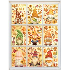 Whaline 9Sheets Fall Gnome Window Clings Happy Fall Watercolor Style Window Decals Autumn Fall Leaves Sunflowers Pumpkin PVC Stickers for Fall Harvest Party Home Window Glass Mirror Decor 7.9 x 11.8"
