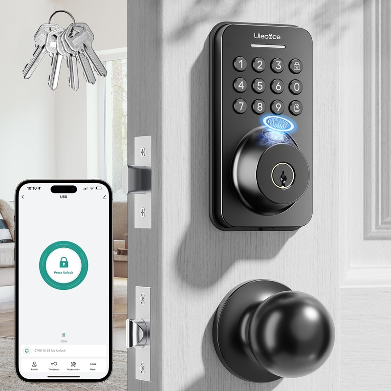 Ulecoce Fingerprint Keypad Deadbolt with Handle Set, Keyless Entry Door