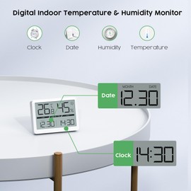 CHEREEKI Room Thermometer Hygrometer, Digital Thermometer Indoor with Clock, Temperature and Humidity Monitor for Home, Baby Room, Greenhouse and Office-2 Packs