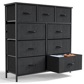 9-Drawer Dresser, Fabric Storage Tower for Bedroom, Hallway, Entryway, Closet, Tall Chest Organizer Unit with Fabric Bins, Steel Frame, Wood Top, Easy Pull Handle - Color: Brown
