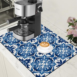 Dish Drying Mat Blue Portuguese Tiles Coffee Bar Mat for Countertop Absorbent Coffee Mat Rubber Backed Hide Stain Dish Drainer Rack Mat Coffee Maker Coffee Pot Dining Room Decoration 15.7 x 23.6 Inch