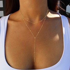 MIFYNN Gold Lariat Necklace for Women Y-Shaped Long Necklace 14k Gold Plated Layered Beaded Chain Tassel Necklace Dainty Simple Gold Jewelry for Women (Gold)